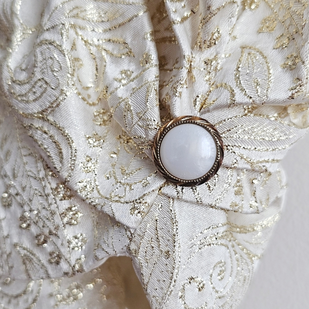 Vintage 80s Handmade Gold Brocade Cocktail Dress Puff Sleeve Statement Bow Back - Picture 7 of 16